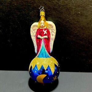 Vintage Germany Mercury Glass Angel on Ball Christmas Ornament. 7.5”  Rare
